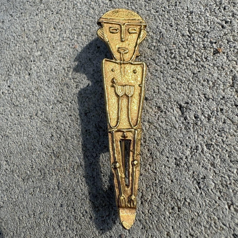 Gold Tone Pre-Columbian Tribal Figure Brooch Pin Incan Tumi Style Matte Vintage